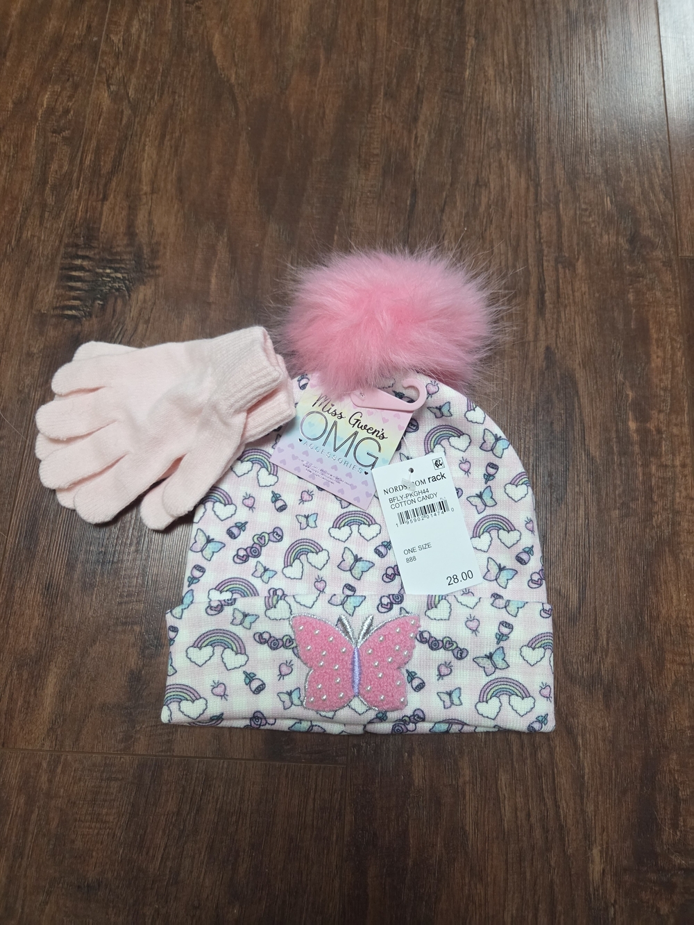NWT Girls' Pink Butterfly Pom Pom Beanie & Gloves Set . Ages 5-10 Nordstrom Rack